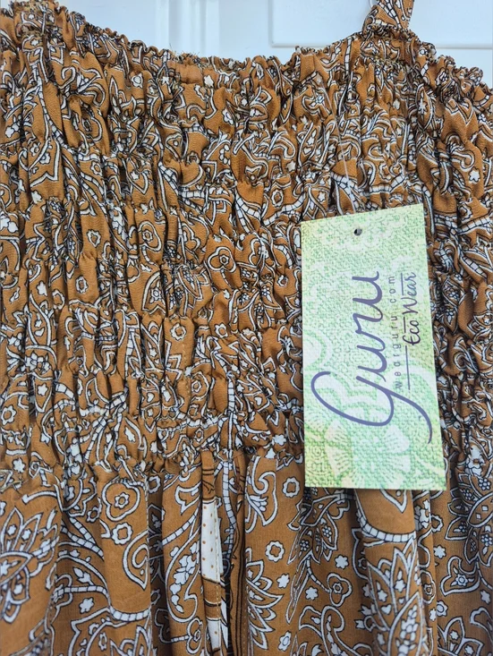 Brown Paisley Hippie Boho Bohemian Recycled Sari Silk Patchwork Midi Dress Small - Picture 6 of 8